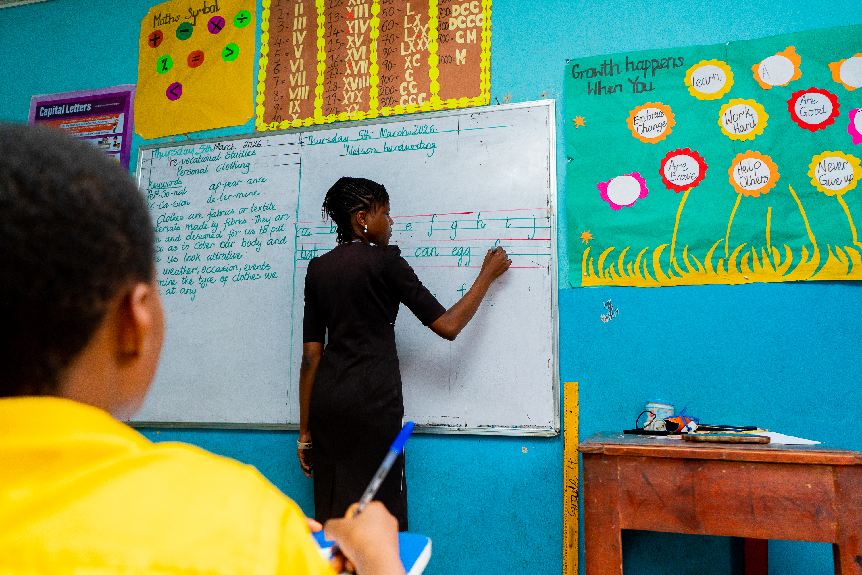 Teacher writing on a whiteboard in the classroom