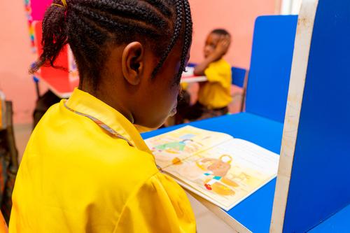 A female primary pupil studying in the school library