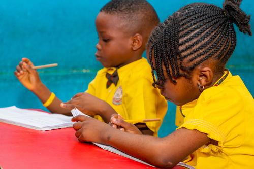 A male and female primary pupil studying in the classroom