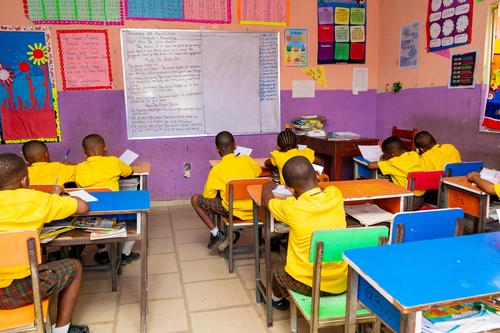 Backview of primary pupils taking lessons in a classroom